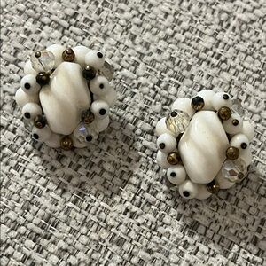 Vintage White Milk Glass Beaded Clip On Earrings